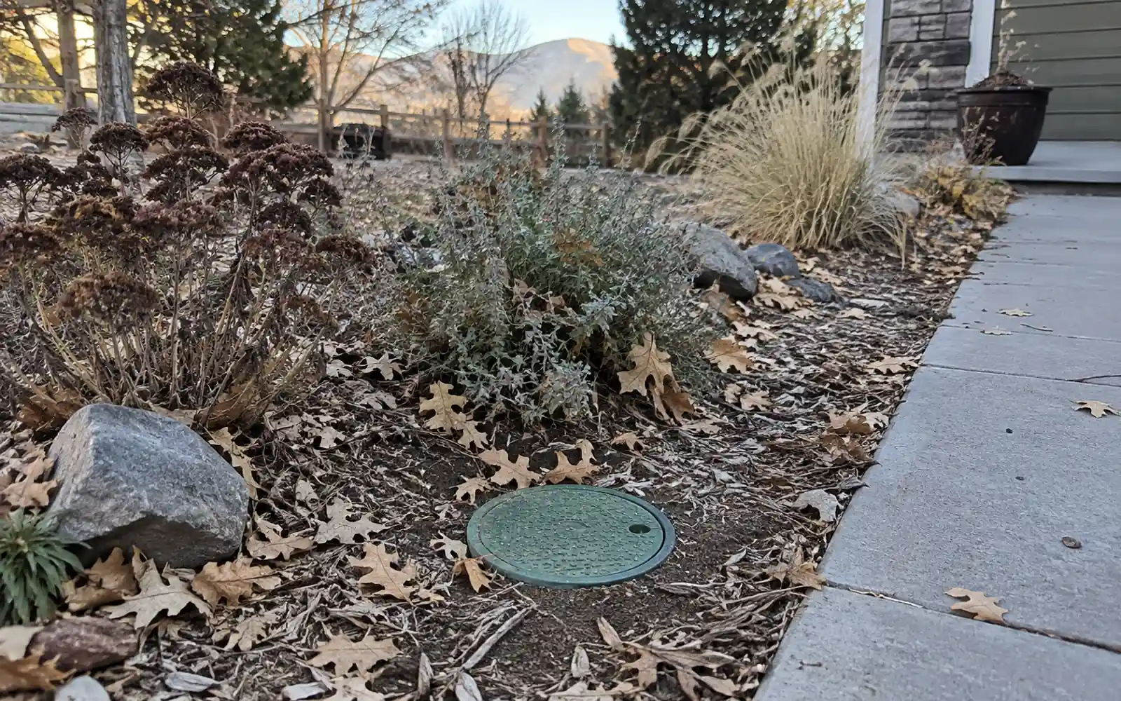Irrigation access beside an autumn residential garden