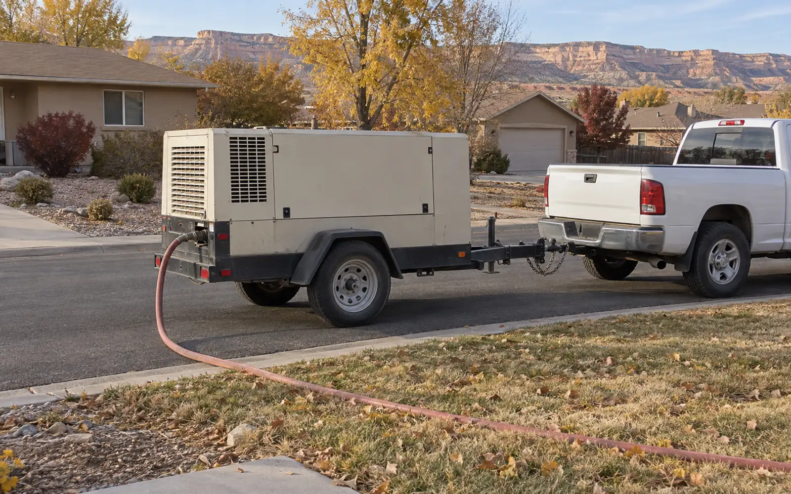A large tow-behind air compressor hitched to a white pickup on an autumn Grand Valley residential street