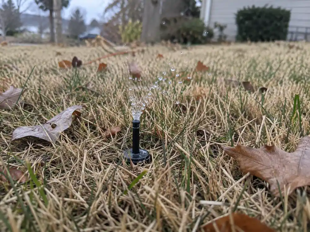 A narrow sprinkler riser releases a small spray above an autumn lawn