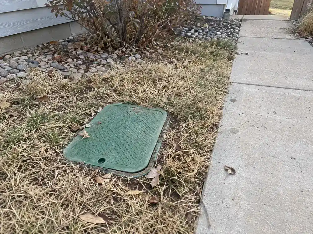 Closed green irrigation access lid beside a residential path